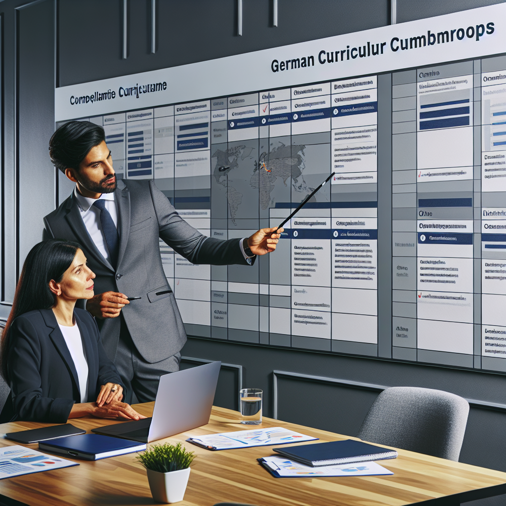 Two educators reviewing online curriculum roadmaps for German financial literacy programs, highlighting compliance checkpoints on a wall-sized planning board in a steel gray meeting room.