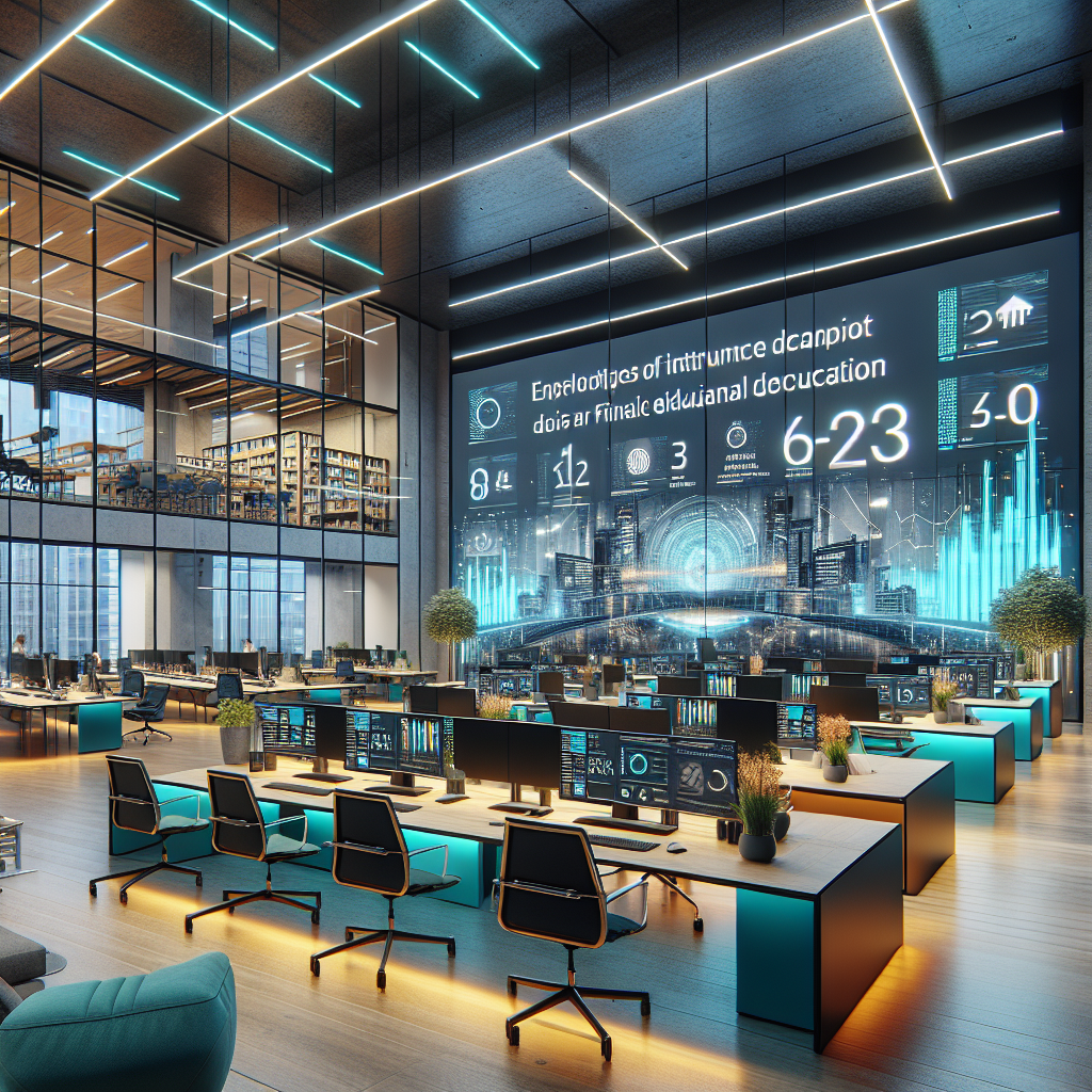 Modern Cologne office with collaborative seating areas, turquoise lighting accents, and large screens streaming financial education statistics for internal quality review.