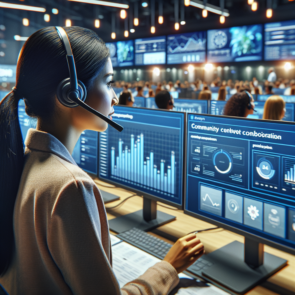 Support specialist responding to participant inquiries via headset while monitoring community conversation metrics on dual screens in a technology-enabled support center.
