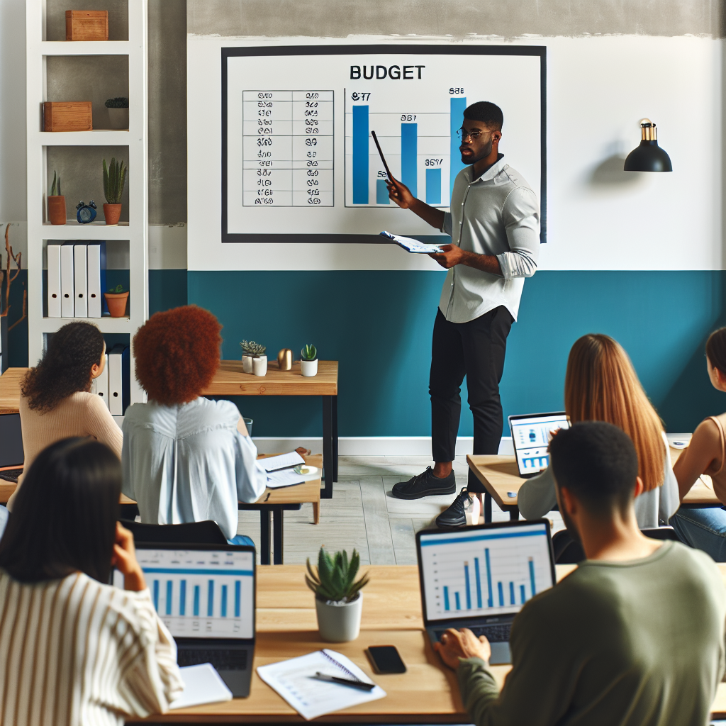 Professional coach moderating an online finance session with projected budgeting charts while learners follow along on laptops in a minimalist turquoise-accented classroom environment.
