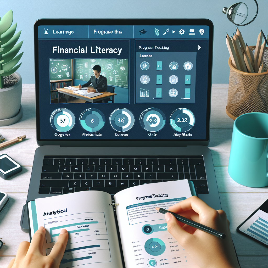 Laptop screen displaying detailed financial literacy video dashboard with progress tracking widgets while a learner reviews notes beside a turquoise mug in a calm workspace.